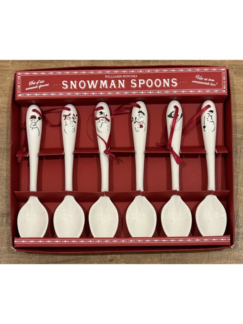 Williams-Sonoma Snowman Ceramic Spoons Set Of 6 White Tree Ornaments Christmas